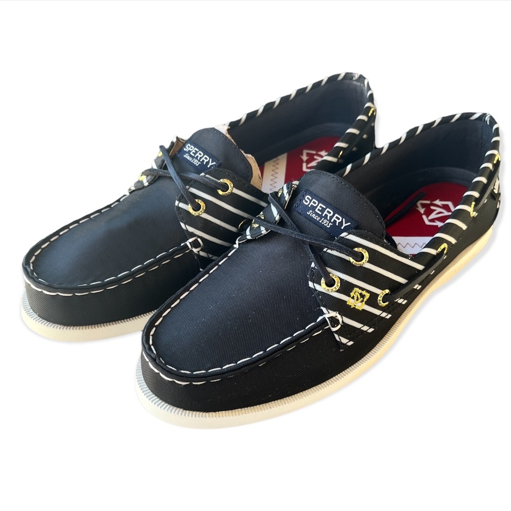SPERRY Womens Navy A/O 2-Eye Bionic Striped Boat Shoes NIB Preppy Nautical White